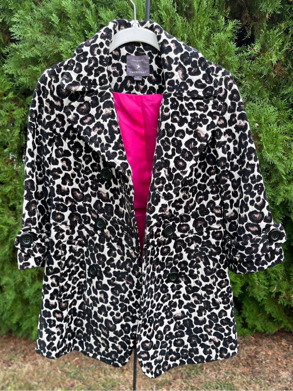 Forever 21 Adorable Black and White Leopard Print Peacoat with Hot Pink Lining